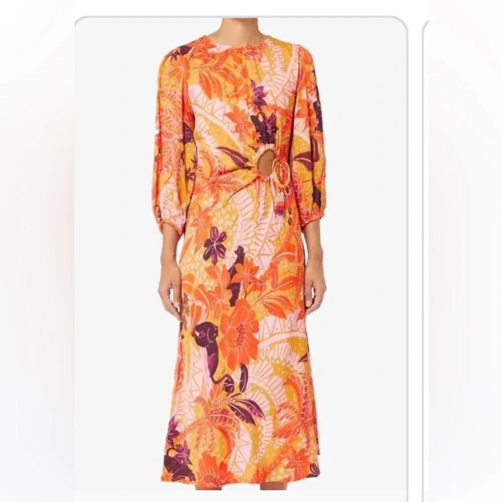 Farm Rio jungle panther tropical beige cutout long sleeve midi dress - NWT sz m - Picture 1 of 8
